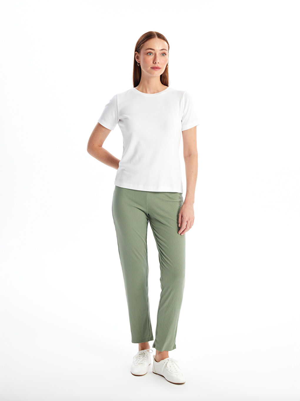 Women's Elastic Waist Regular Trousers -S4IN01Z8-GN2