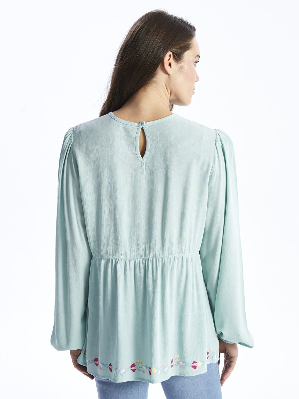 LCW ECO Pastel Yeşil Bisiklet Yaka Nakışlı Uzun Kollu Hamile Tunik - 4