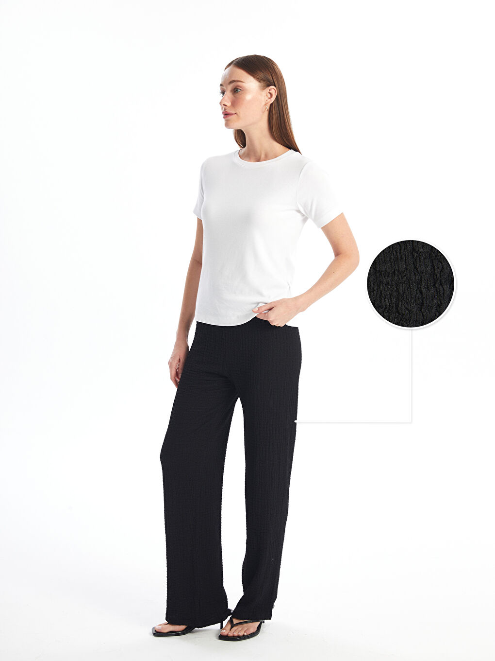 Siyah Beli Lastikli Düz Geniş Paça Kadın Pantolon