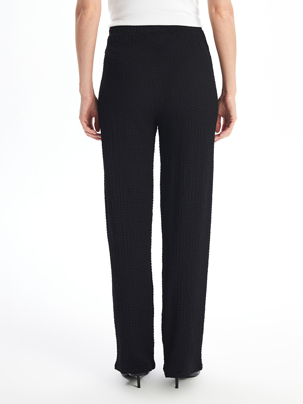 Siyah Beli Lastikli Düz Geniş Paça Kadın Pantolon-3