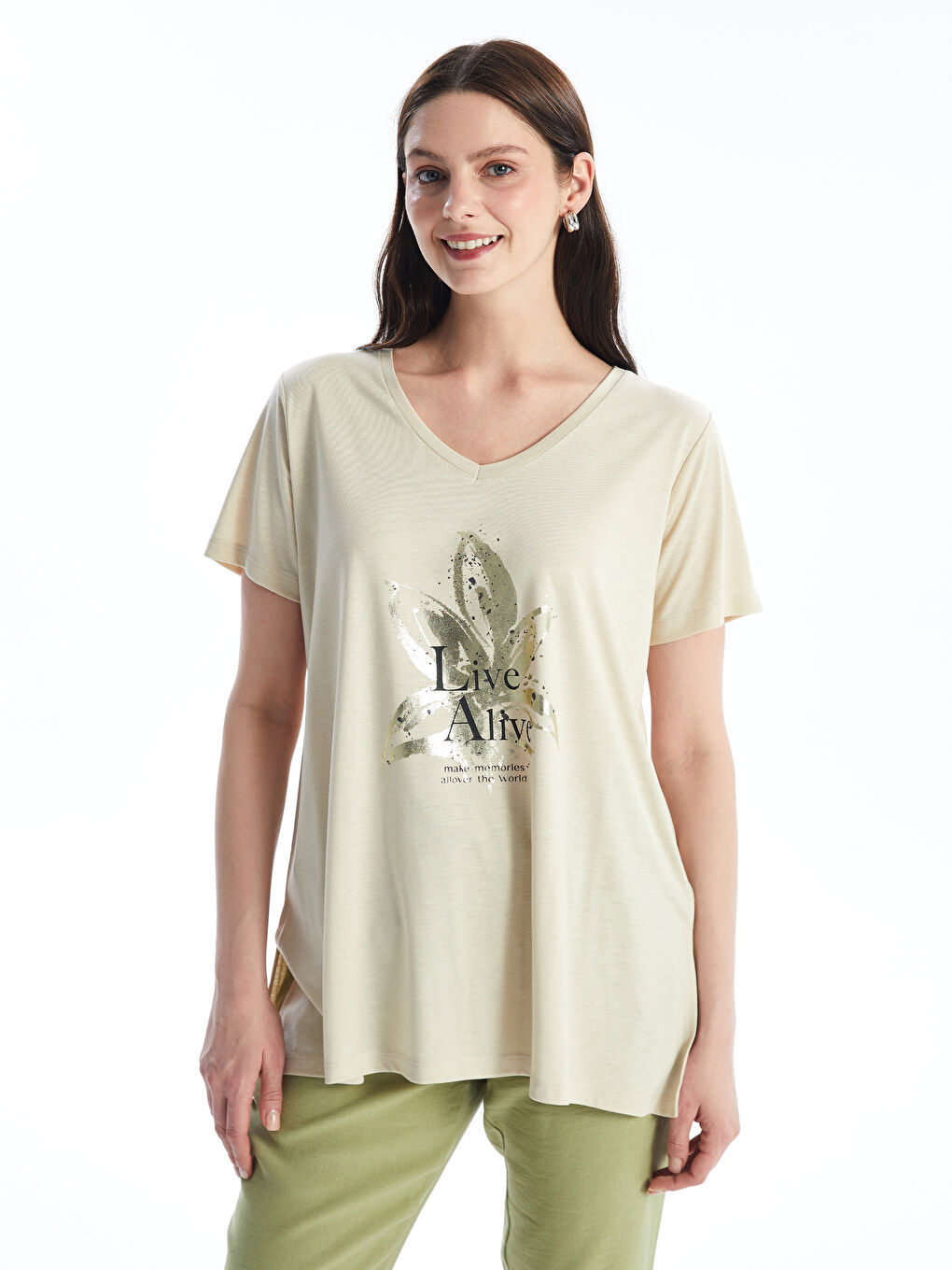 V Neck Printed Short Sleeve Women T-Shirt -S4IN17Z8-KPL