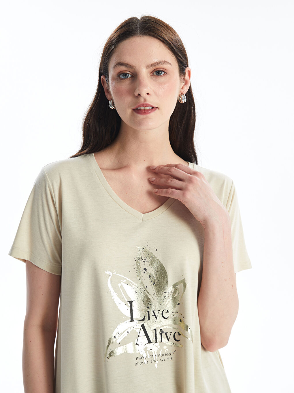 V Neck Printed Short Sleeve Women T-Shirt -S4IN17Z8-KPL