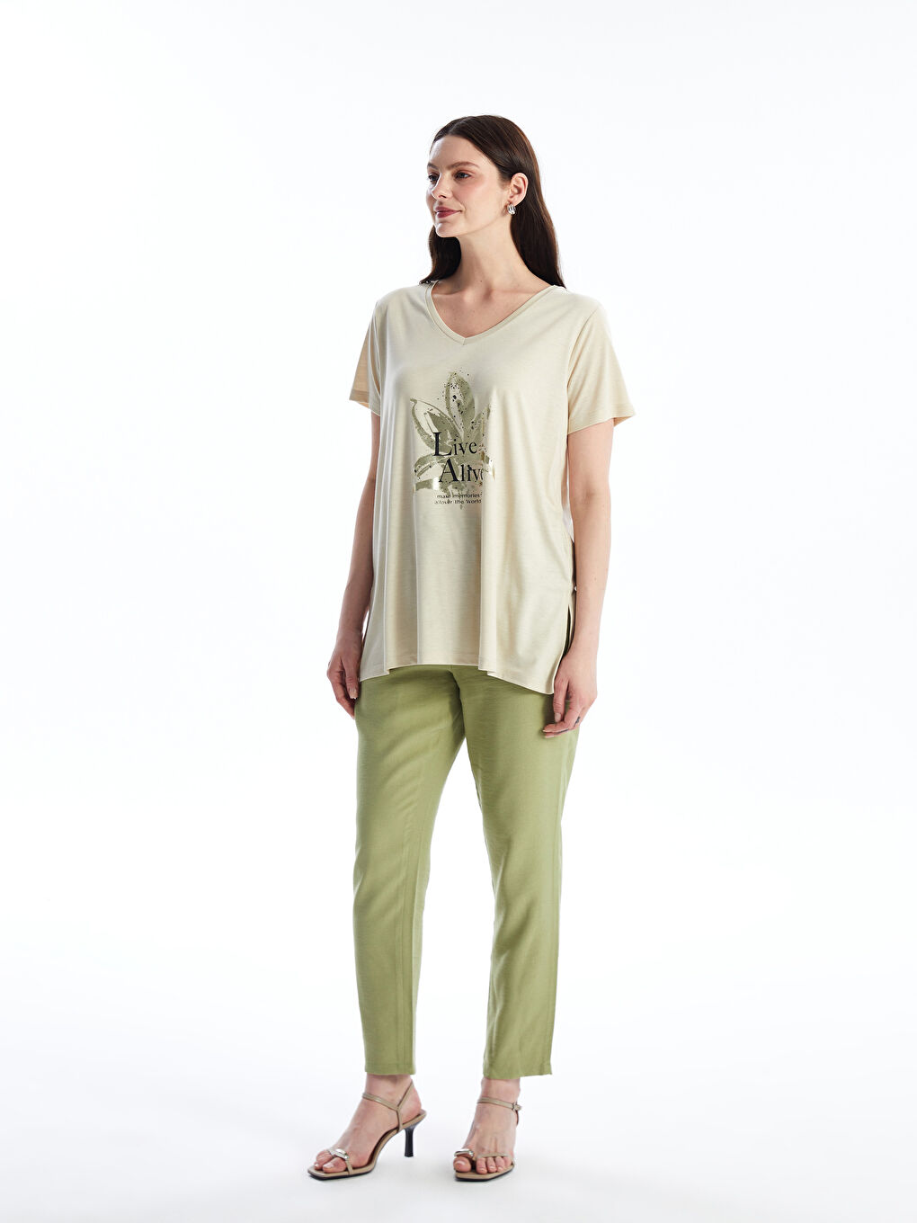V Neck Printed Short Sleeve Women T-Shirt -S4IN17Z8-KPL