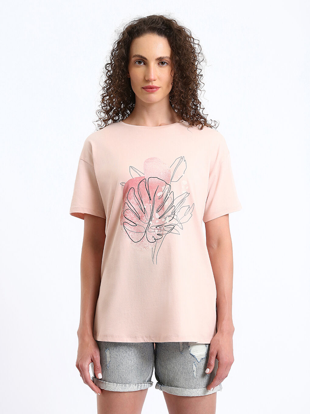 T-shirt à manches courtes imprimé à col rond pour femmes-1
