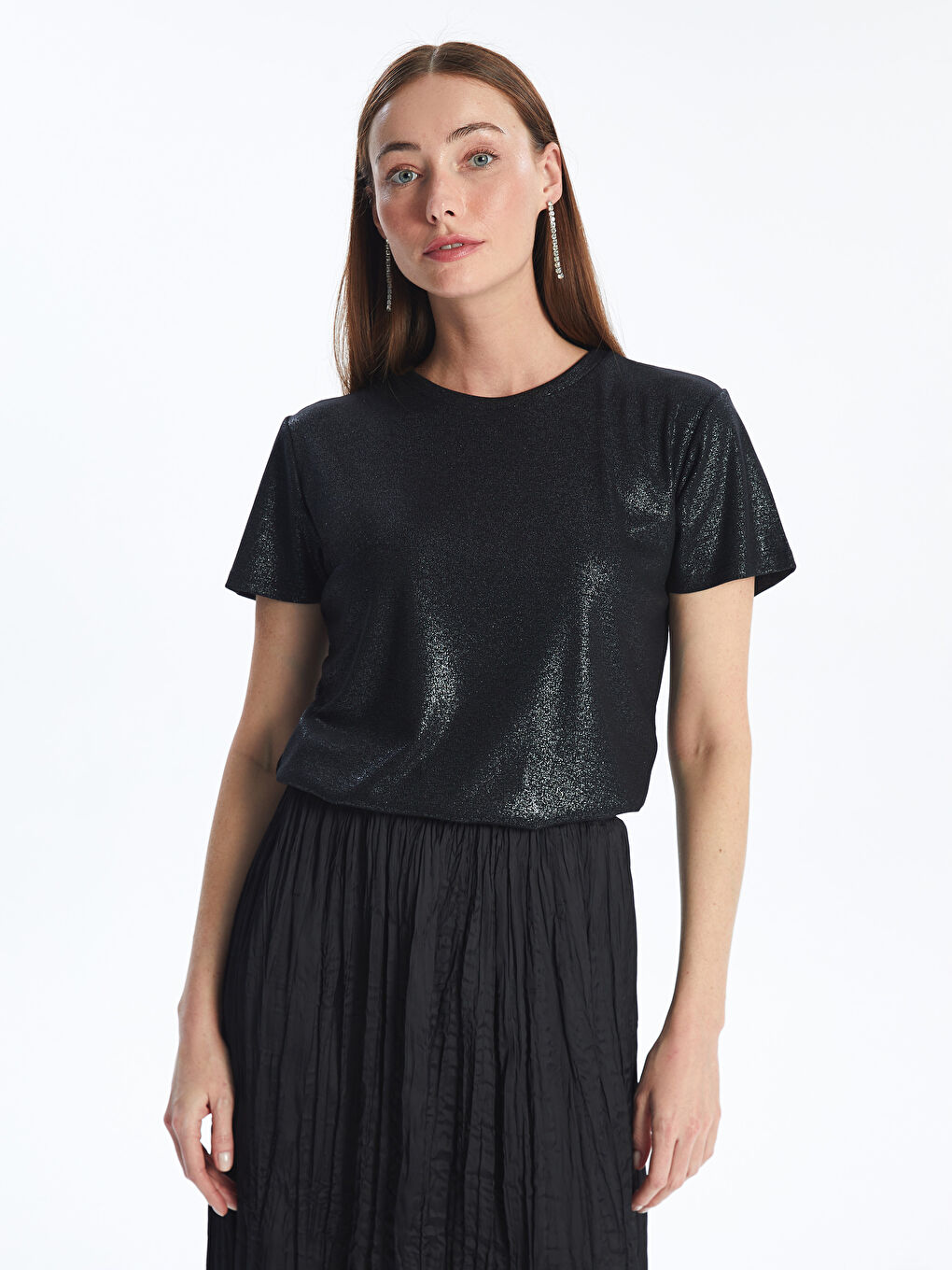 Crew Neck Plain Short Sleeve Women's Metallic T-Shirt -S4IO10Z8-CVL