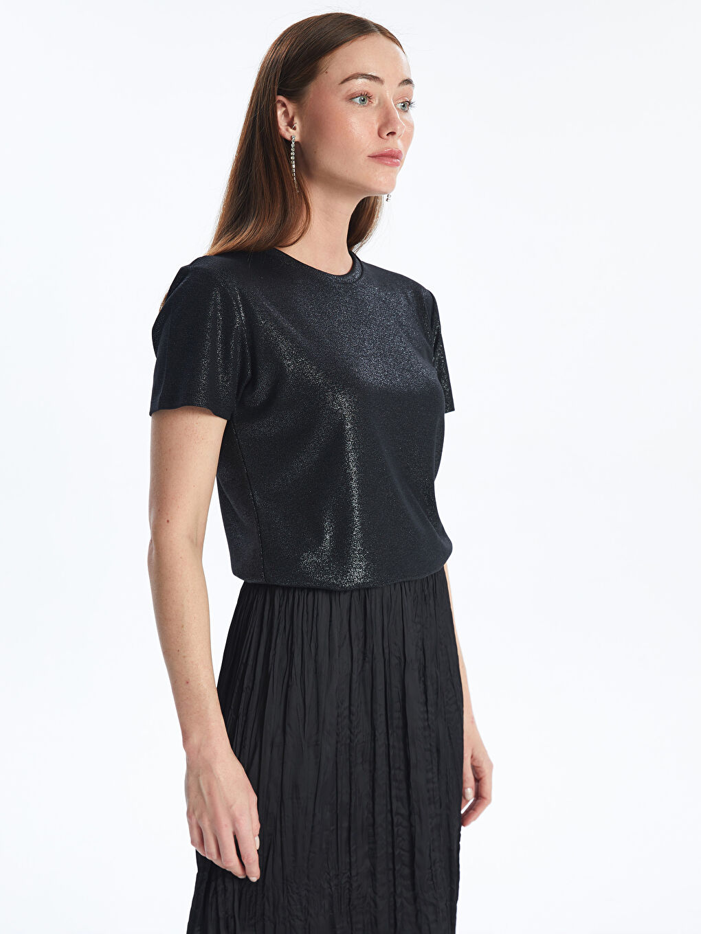 Crew Neck Plain Short Sleeve Women's Metallic T-Shirt -S4IO10Z8-CVL