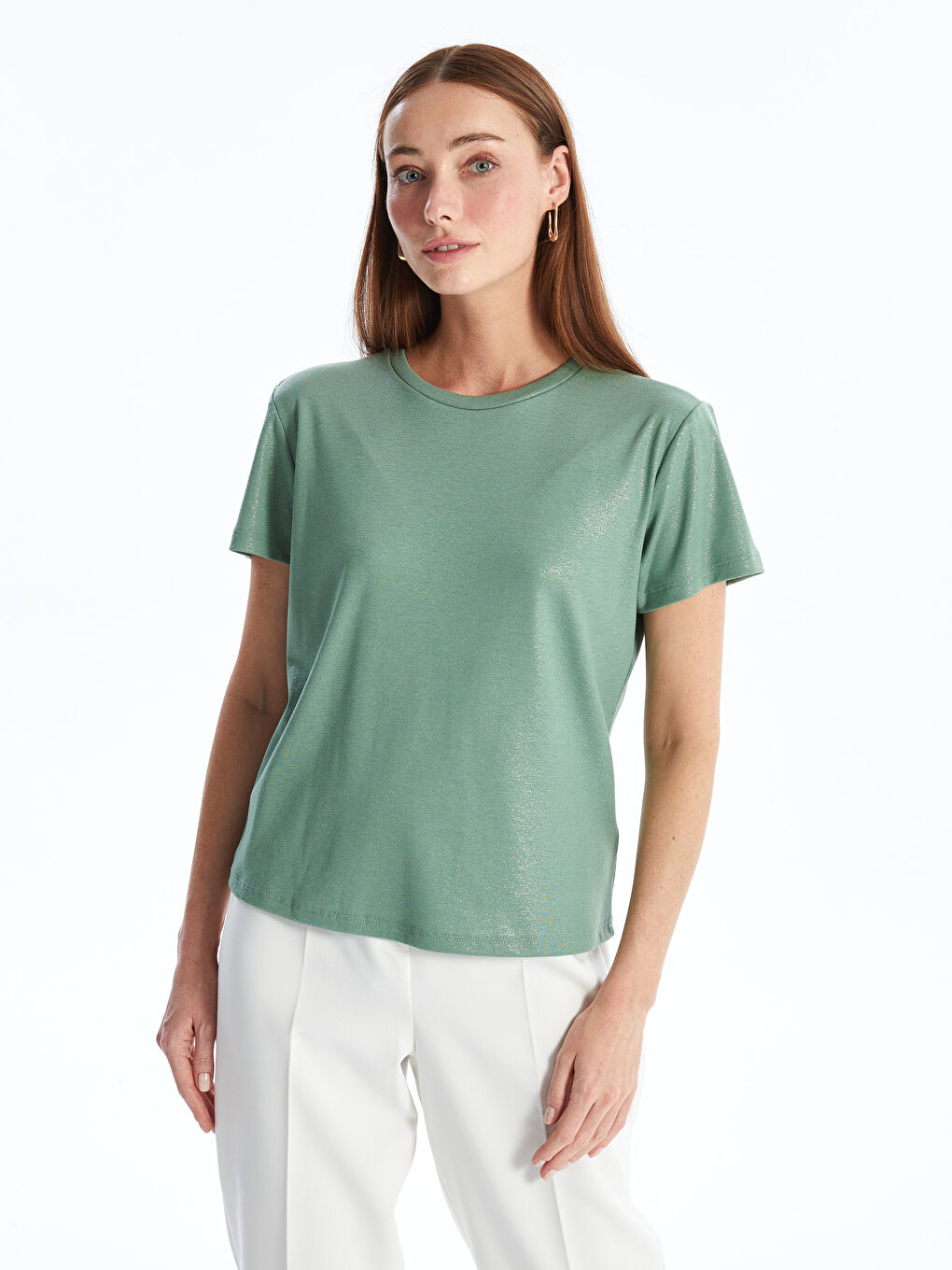 Crew Neck Plain Short Sleeve Women's Metallic T-Shirt -S4IO10Z8-GX7