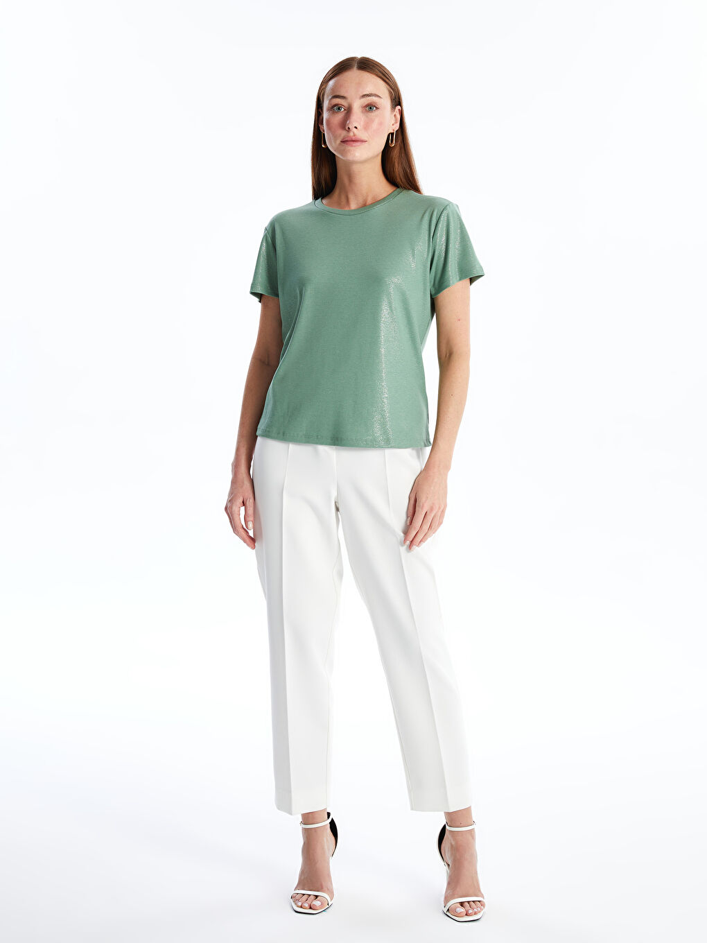 Crew Neck Plain Short Sleeve Women's Metallic T-Shirt -S4IO10Z8-GX7