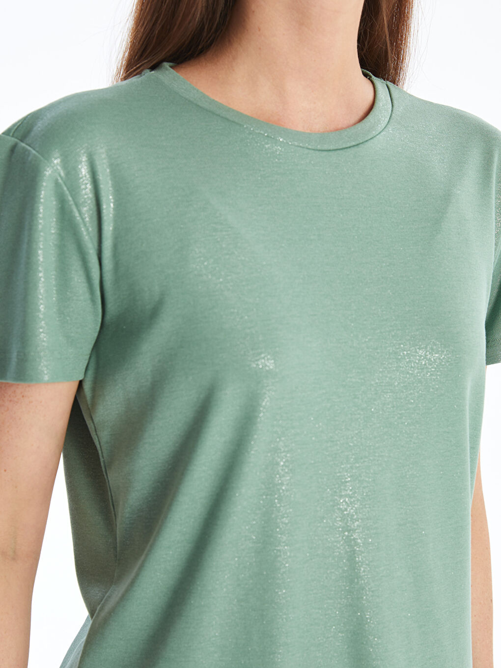 Crew Neck Plain Short Sleeve Women's Metallic T-Shirt -S4IO10Z8-GX7
