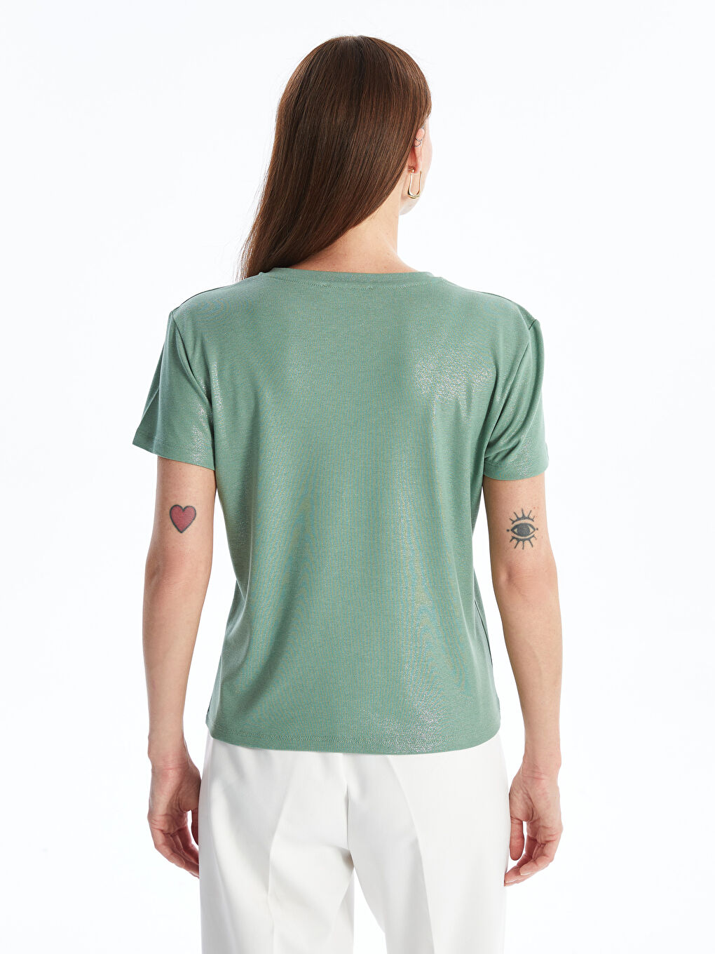 Crew Neck Plain Short Sleeve Women's Metallic T-Shirt -S4IO10Z8-GX7