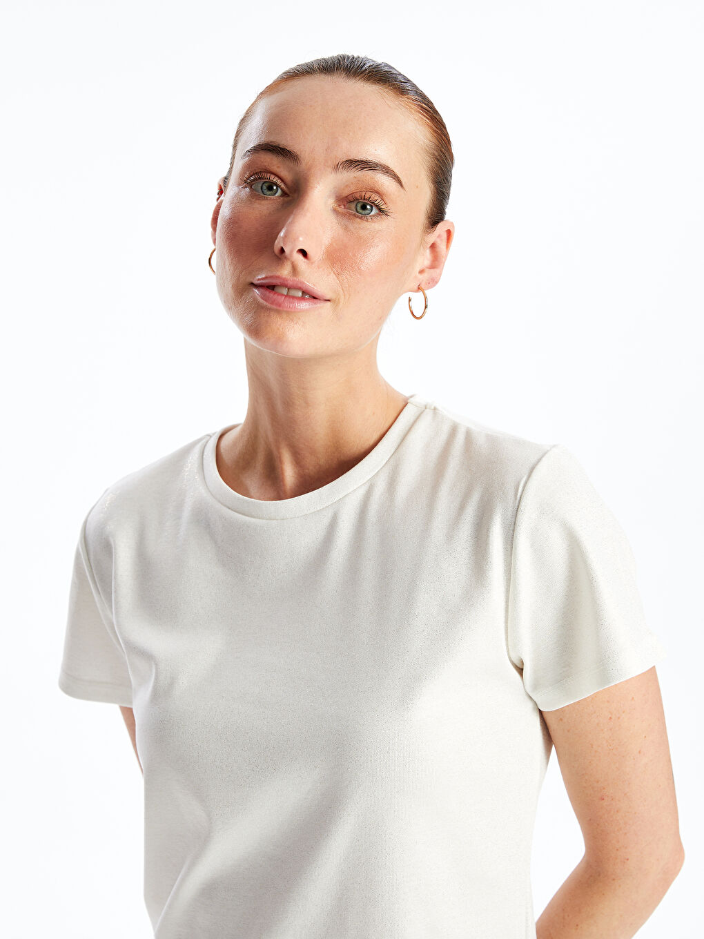 Crew Neck Plain Short Sleeve Women's Metallic T-Shirt -S4IO10Z8-KX0