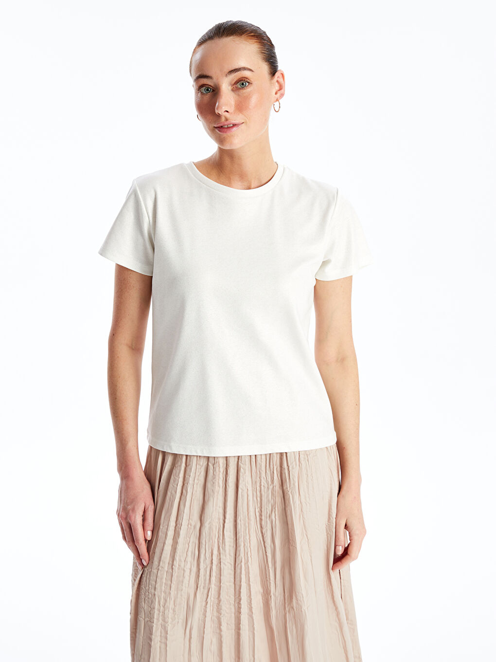 Crew Neck Plain Short Sleeve Women's Metallic T-Shirt -S4IO10Z8-KX0
