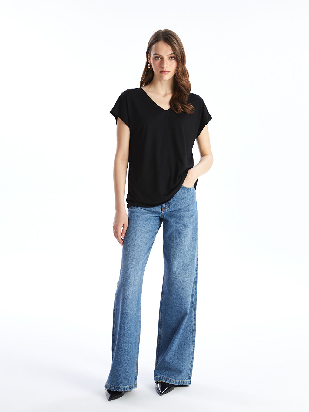 LC Waikiki V-Neck Plain Short Sleeve Women's T-Shirt -S4IO11Z8-CVL