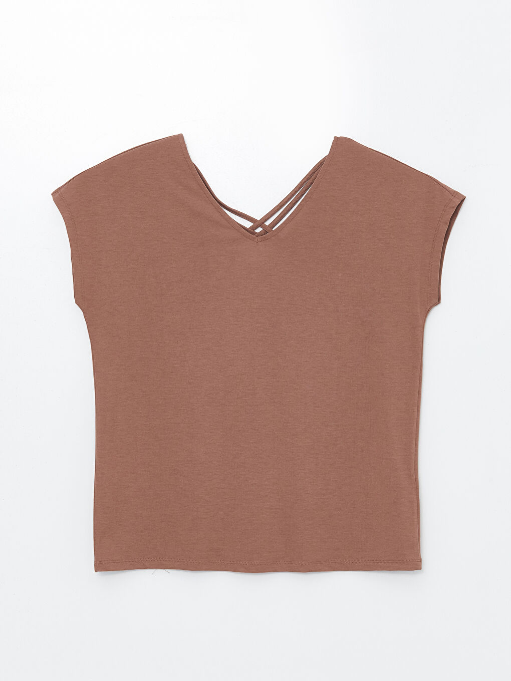 تيشيرت نسائي بياقة على شكل حرف V سادة بأكمام قصيرة-5