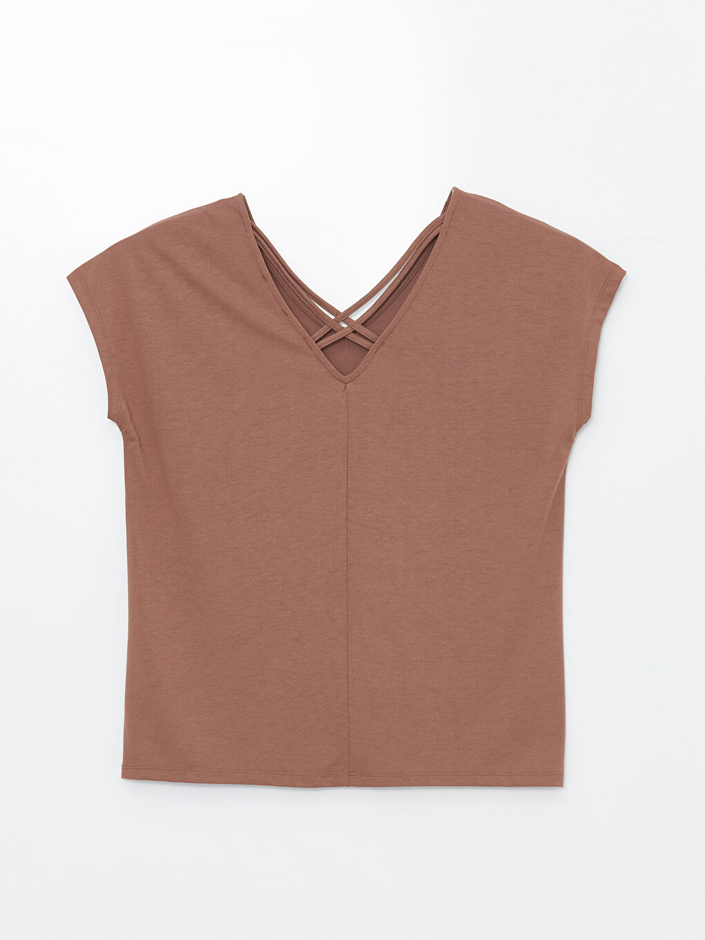 تيشيرت نسائي بياقة على شكل حرف V سادة بأكمام قصيرة-6