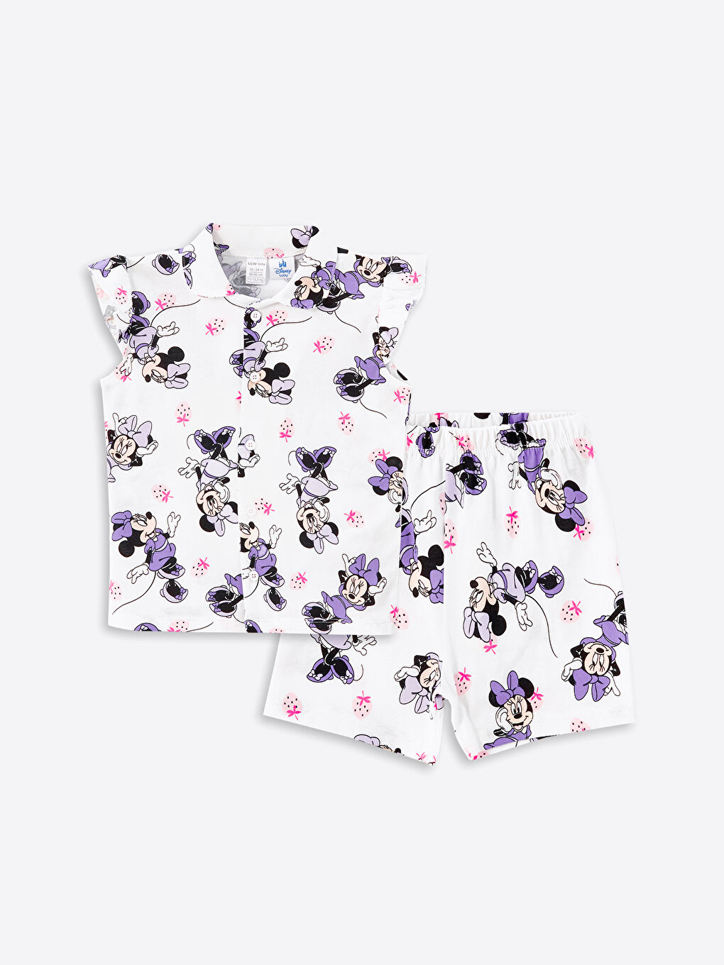 LCW baby Ekru Baskılı Polo Yaka Minnie Mouse Baskılı Kız Bebek Şortlu Pijama Takımı