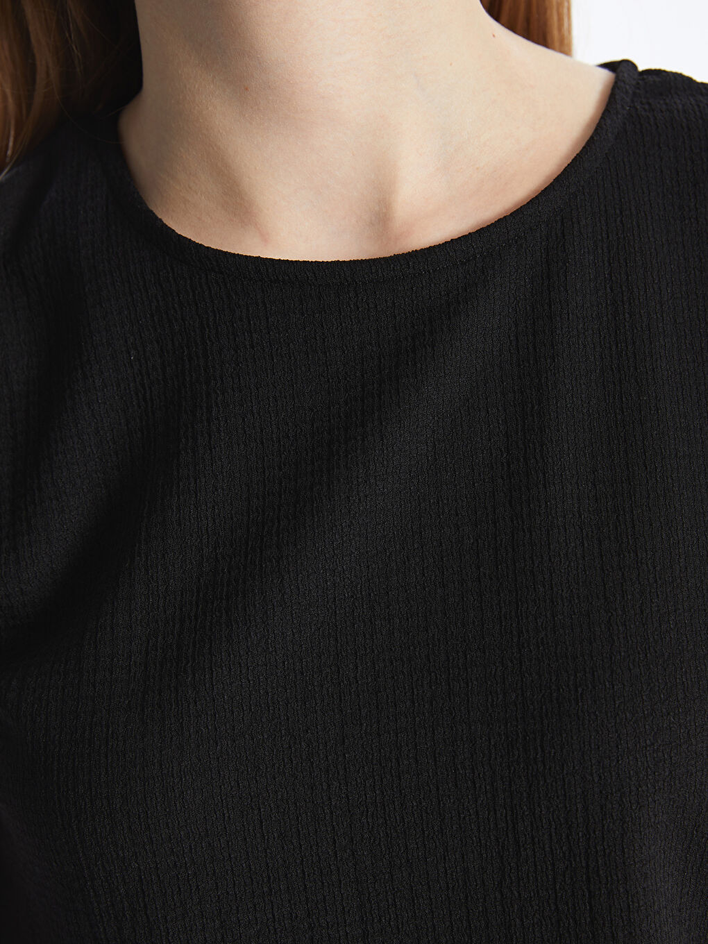 Siyah Bisiklet Yaka Düz Kısa Kollu Kadın Crop-3