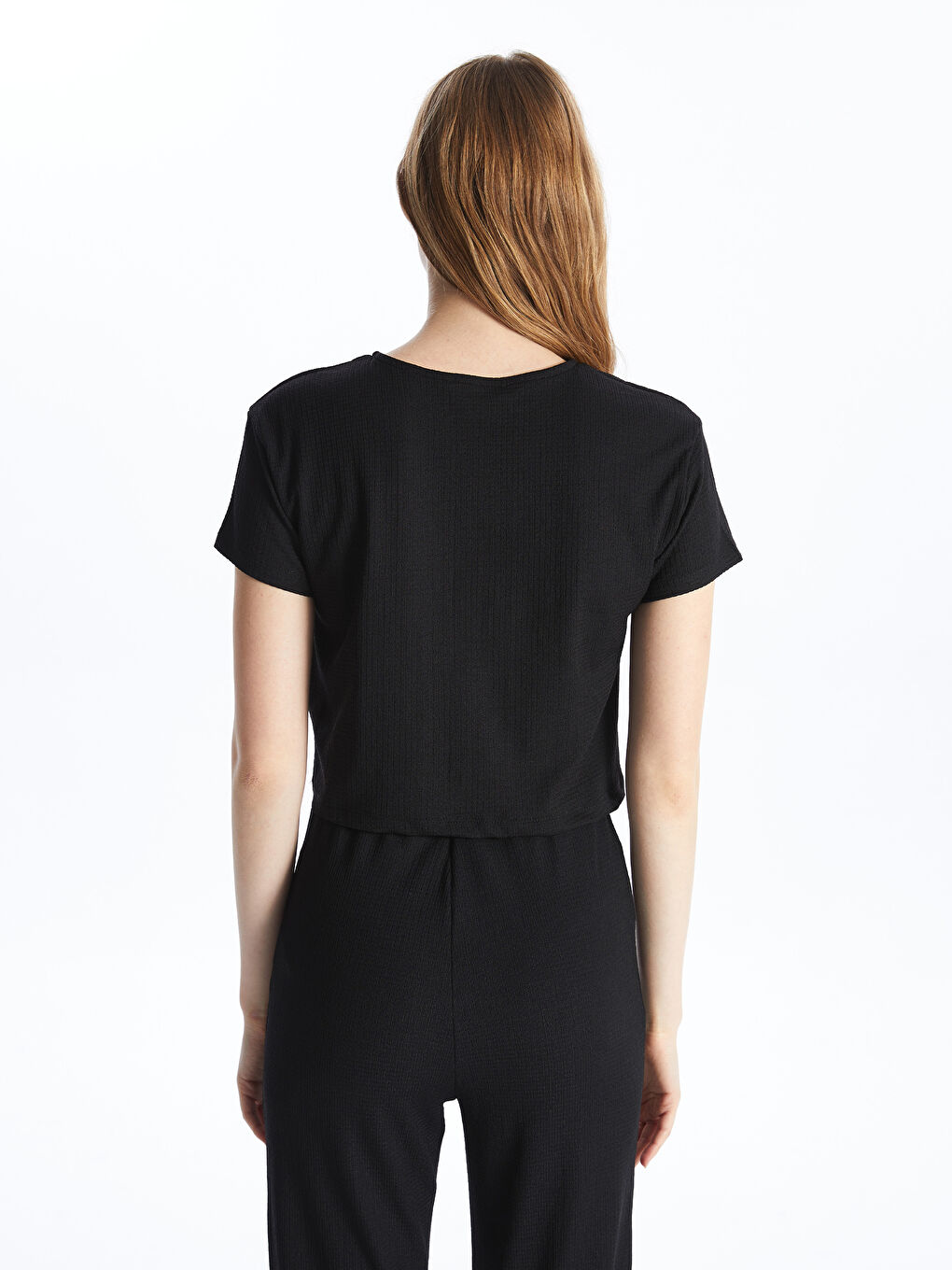 Siyah Bisiklet Yaka Düz Kısa Kollu Kadın Crop-4