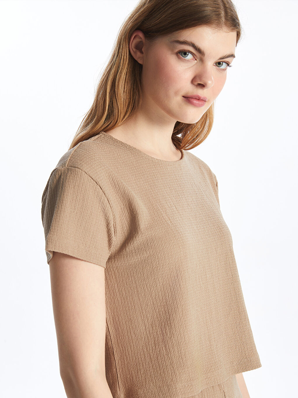 Crew Neck Plain Short Sleeve Women's Crop -S4IP01Z8-GR5