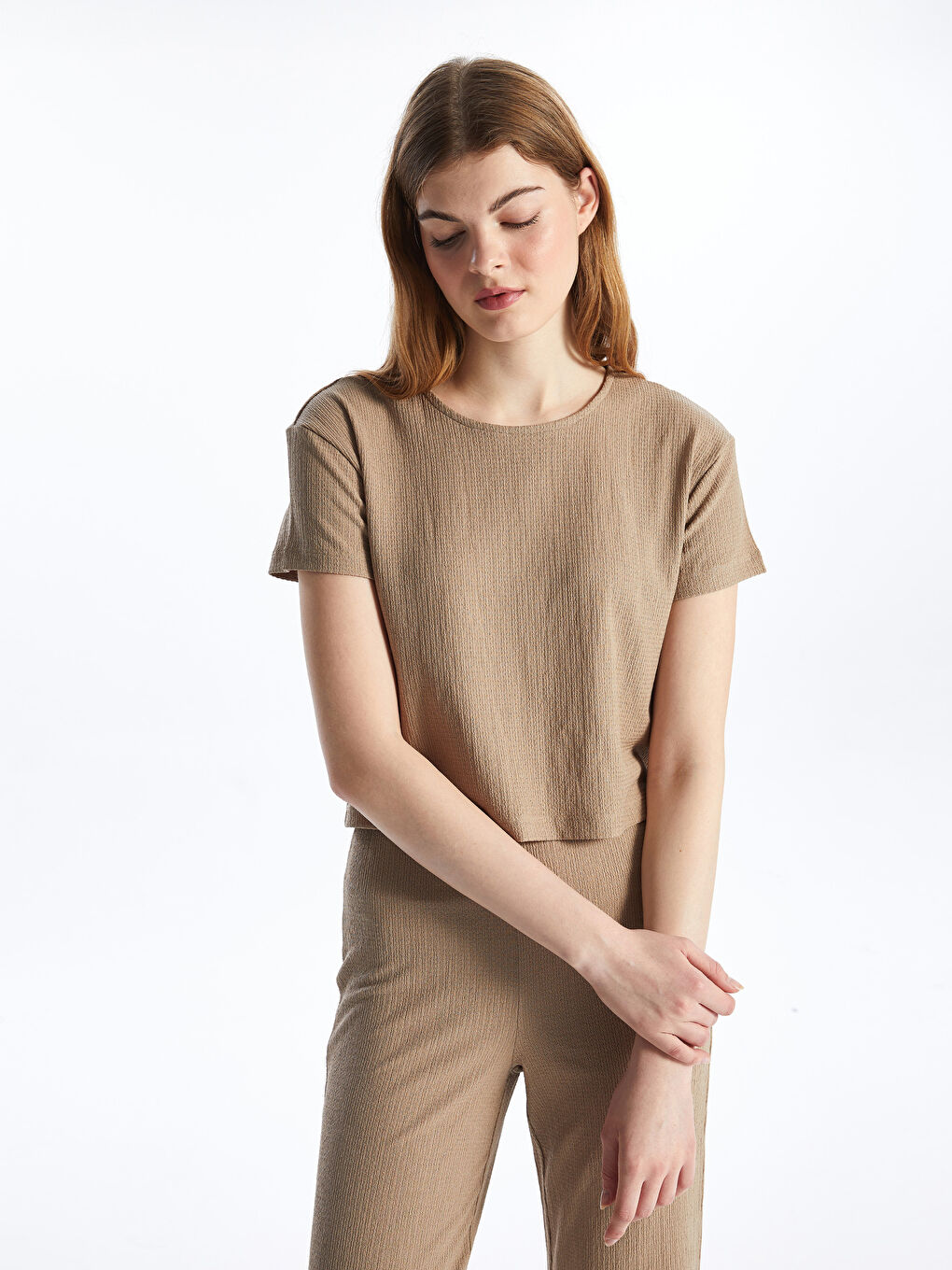 Crew Neck Plain Short Sleeve Women's Crop -S4IP01Z8-GR5