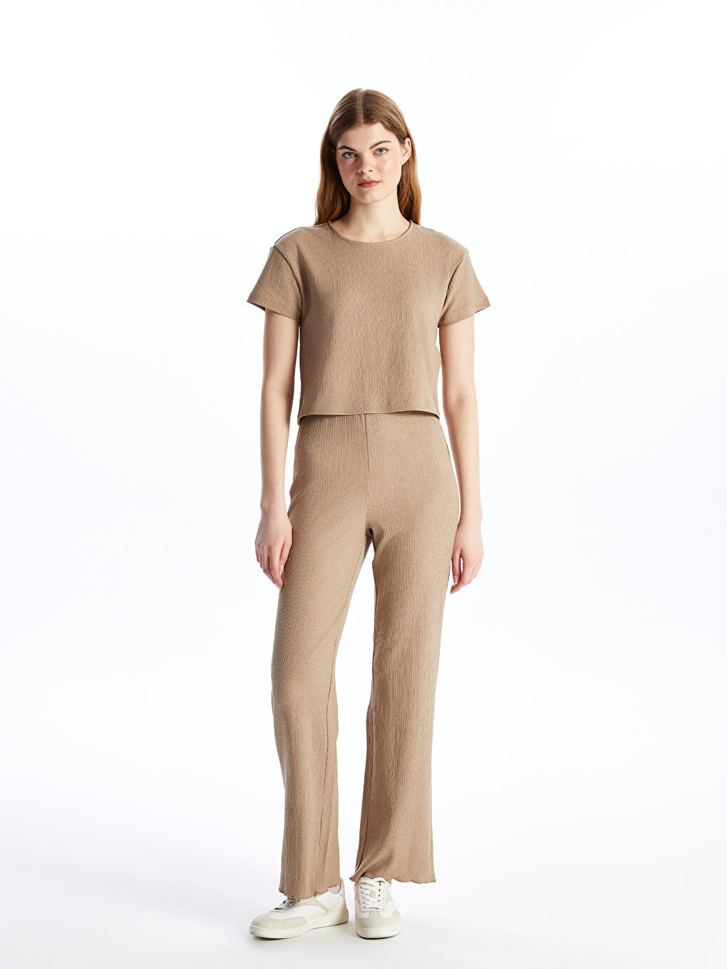 Crew Neck Plain Short Sleeve Women's Crop -S4IP01Z8-GR5