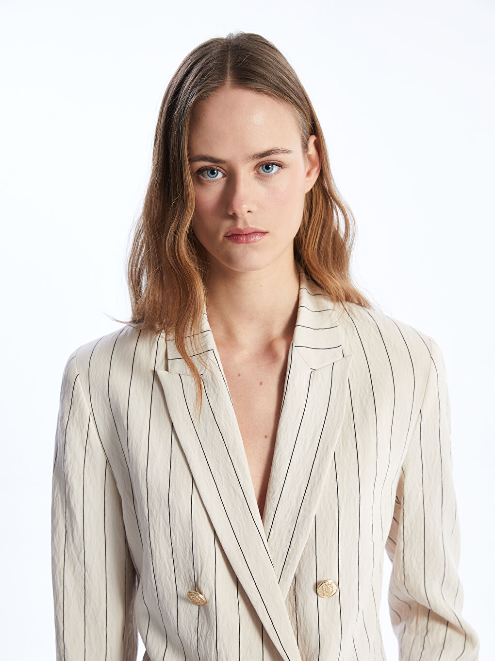 Bej Çizgili Uzun Kollu Kadın Blazer Ceket-2