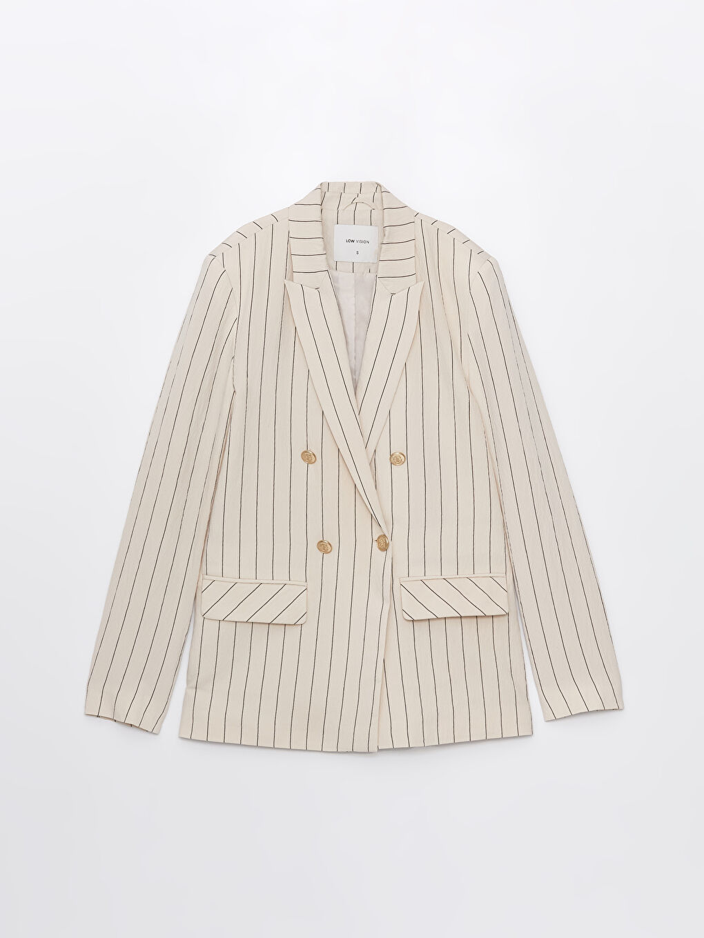 Bej Çizgili Uzun Kollu Kadın Blazer Ceket-5