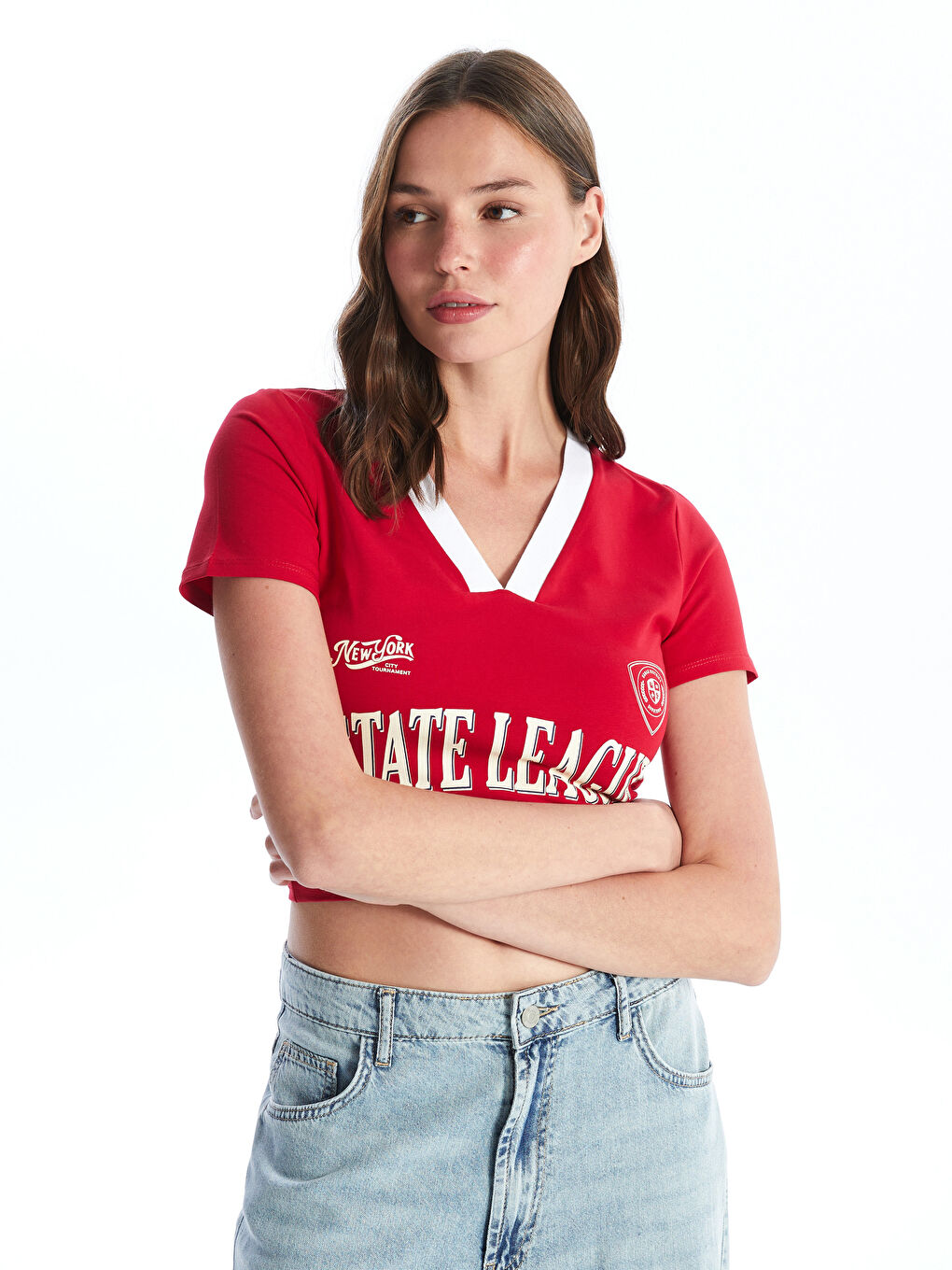 کرۆپ تۆپی چاپکراوی یاخەی V قۆڵ کورت بۆ ژنان-1