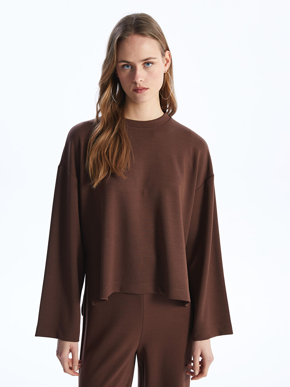 Kahverengi Bisiklet Yaka Oversize Kadın Sweatshirt