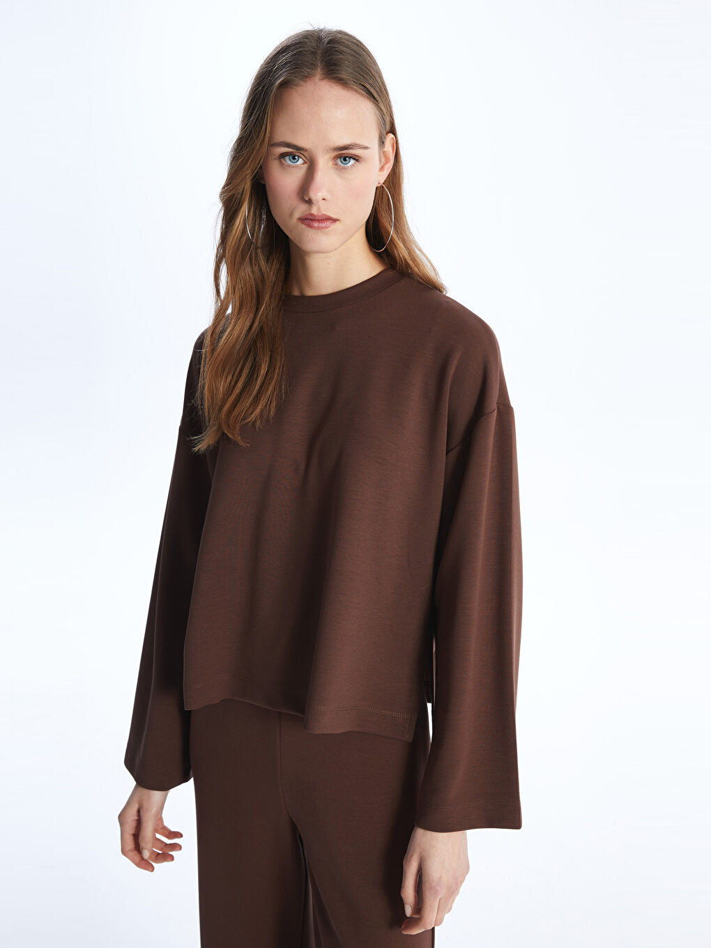 Kahverengi Bisiklet Yaka Oversize Kadın Sweatshirt-1