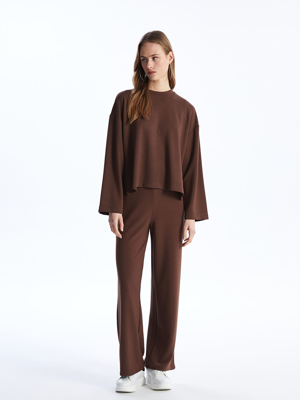 Kahverengi Bisiklet Yaka Oversize Kadın Sweatshirt-2