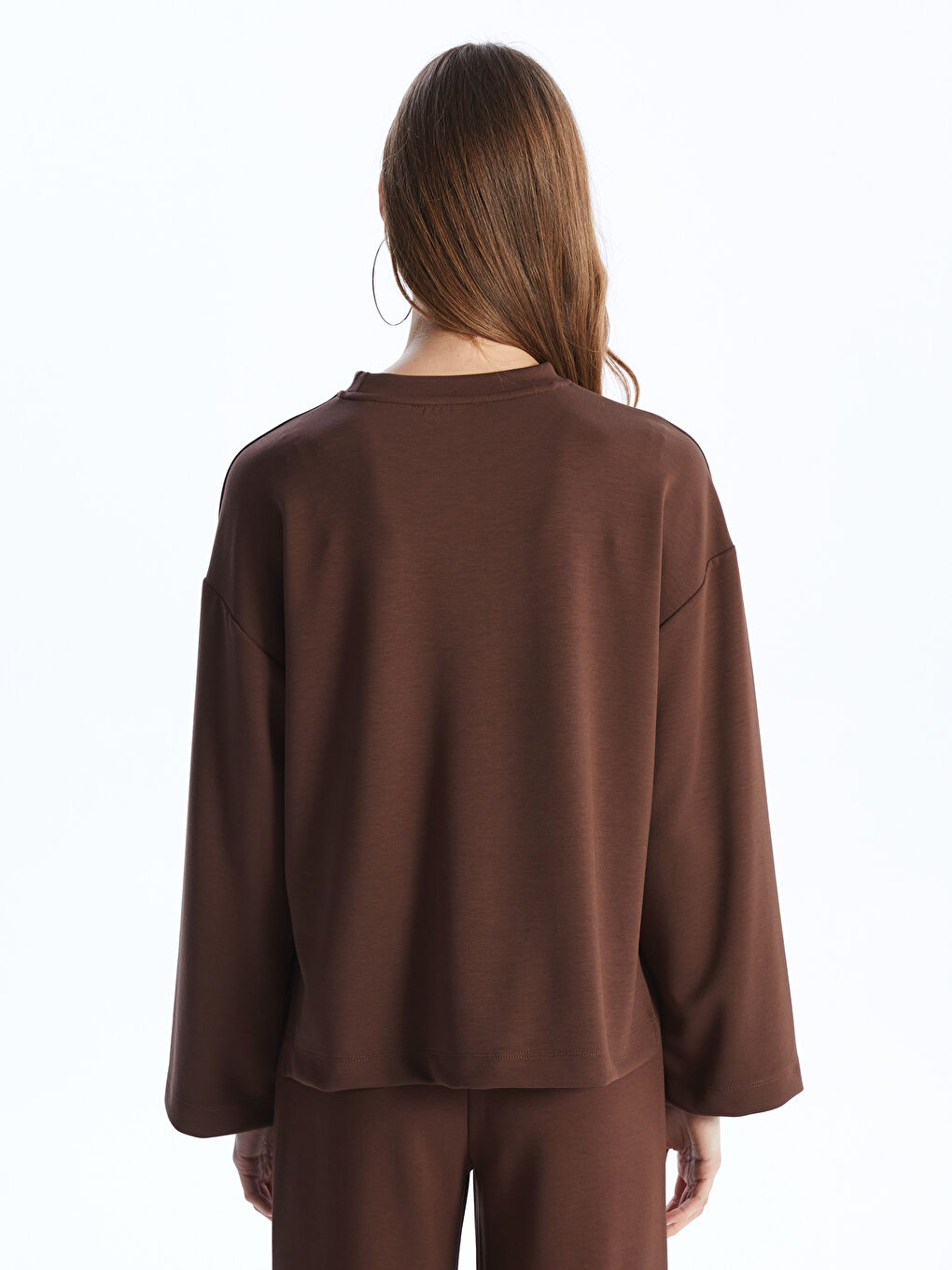 Kahverengi Bisiklet Yaka Oversize Kadın Sweatshirt-4