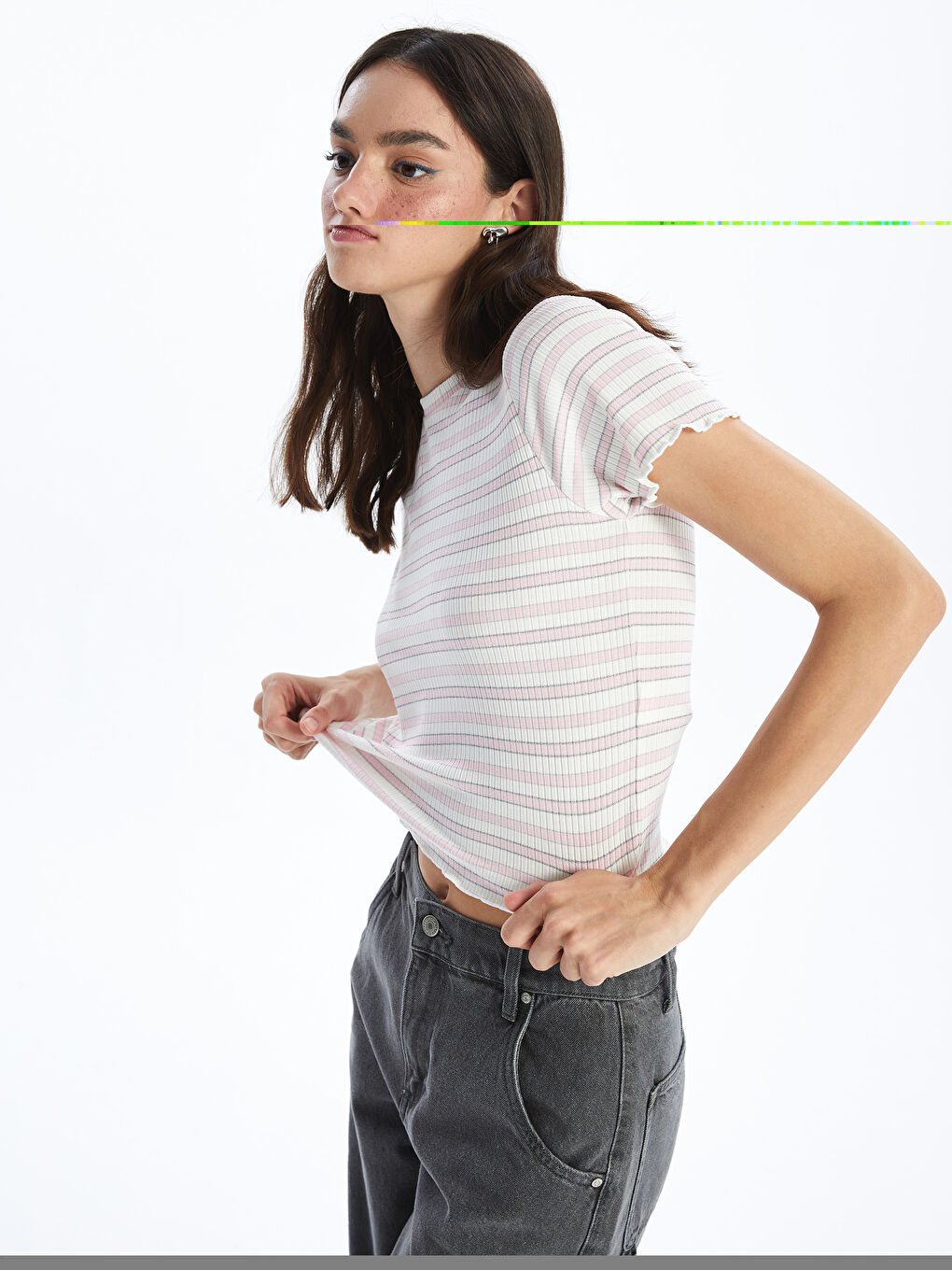 Crew Neck Striped Short Sleeve Crop Women's T-Shirt -S4IQ13Z8-QWM