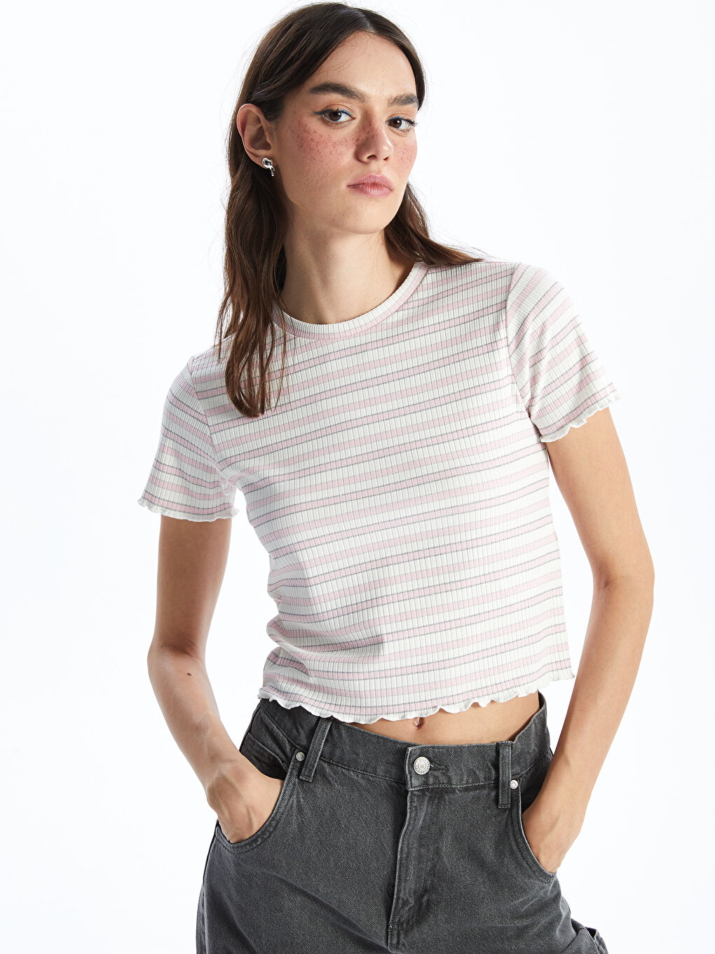 Crew Neck Striped Short Sleeve Crop Women's T-Shirt -S4IQ13Z8-QWM