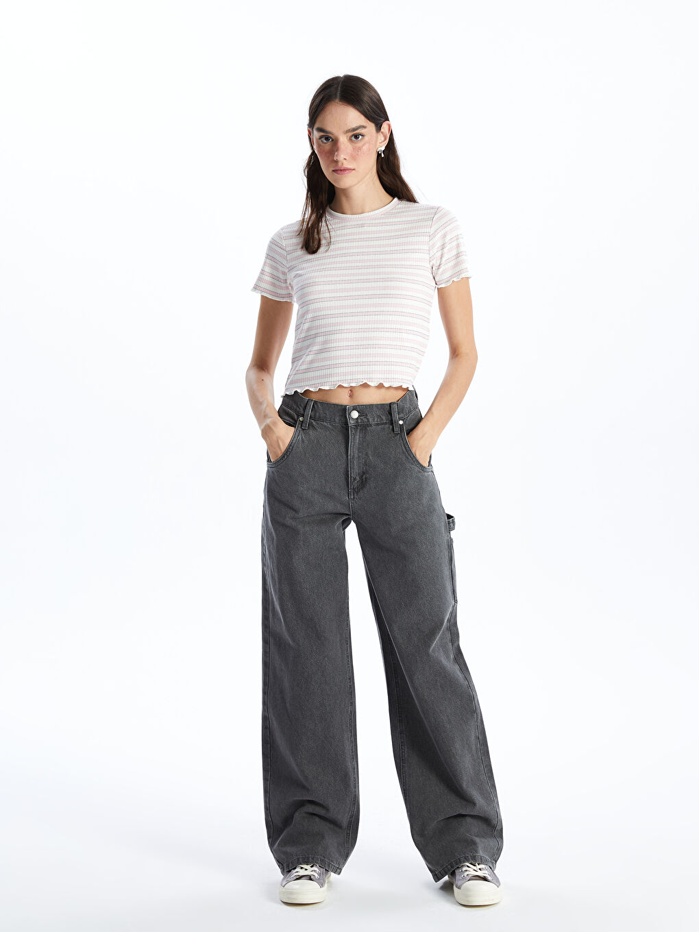 Crew Neck Striped Short Sleeve Crop Women's T-Shirt -S4IQ13Z8-QWM