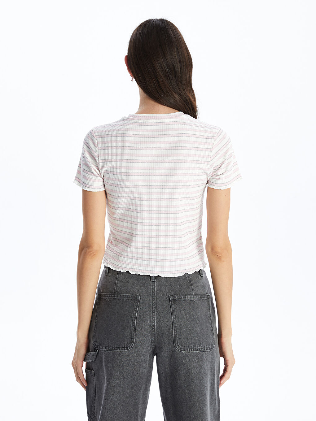 Crew Neck Striped Short Sleeve Crop Women's T-Shirt -S4IQ13Z8-QWM