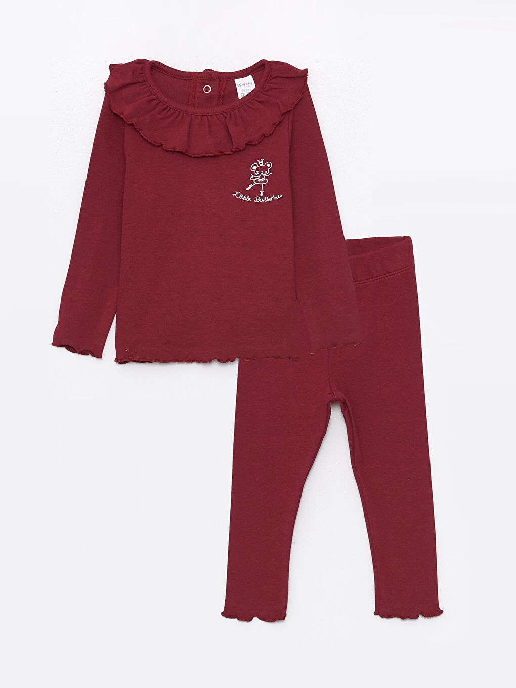 Bordo Bisiklet Yaka Uzun Kollu Baskılı Kız Bebek Bluz ve Tayt 2'li Takım