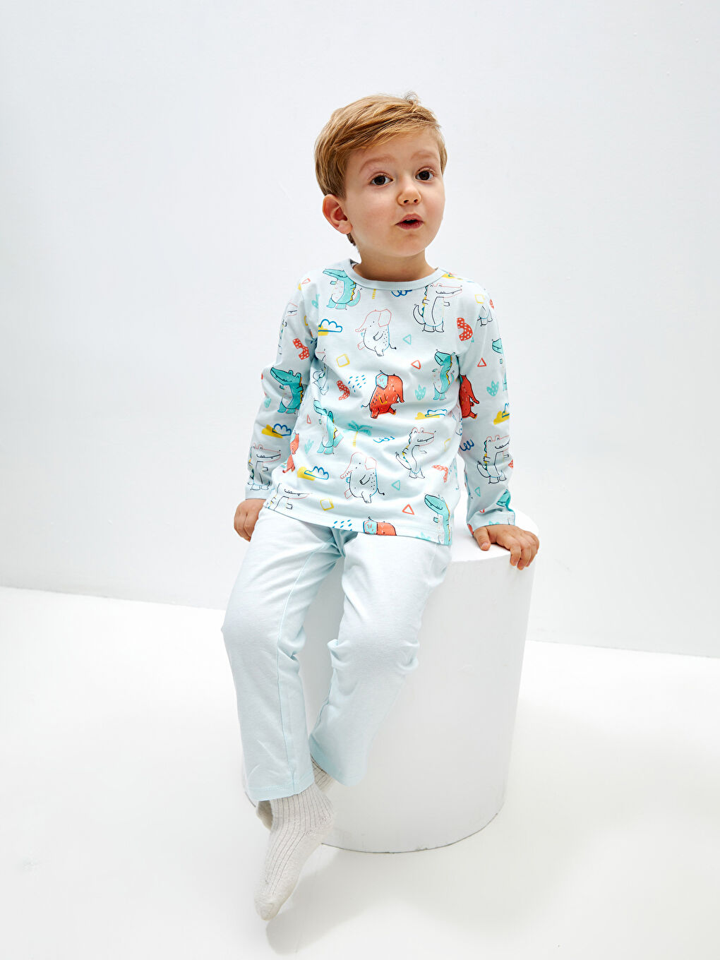 Mavi Bisiklet Yaka Uzun Kollu Baskılı Erkek Bebek Pijama Takımı