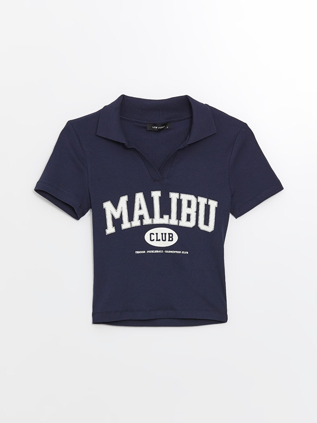 Lacivert Polo Yaka Baskılı Kısa Kollu Kadın Tişört-5