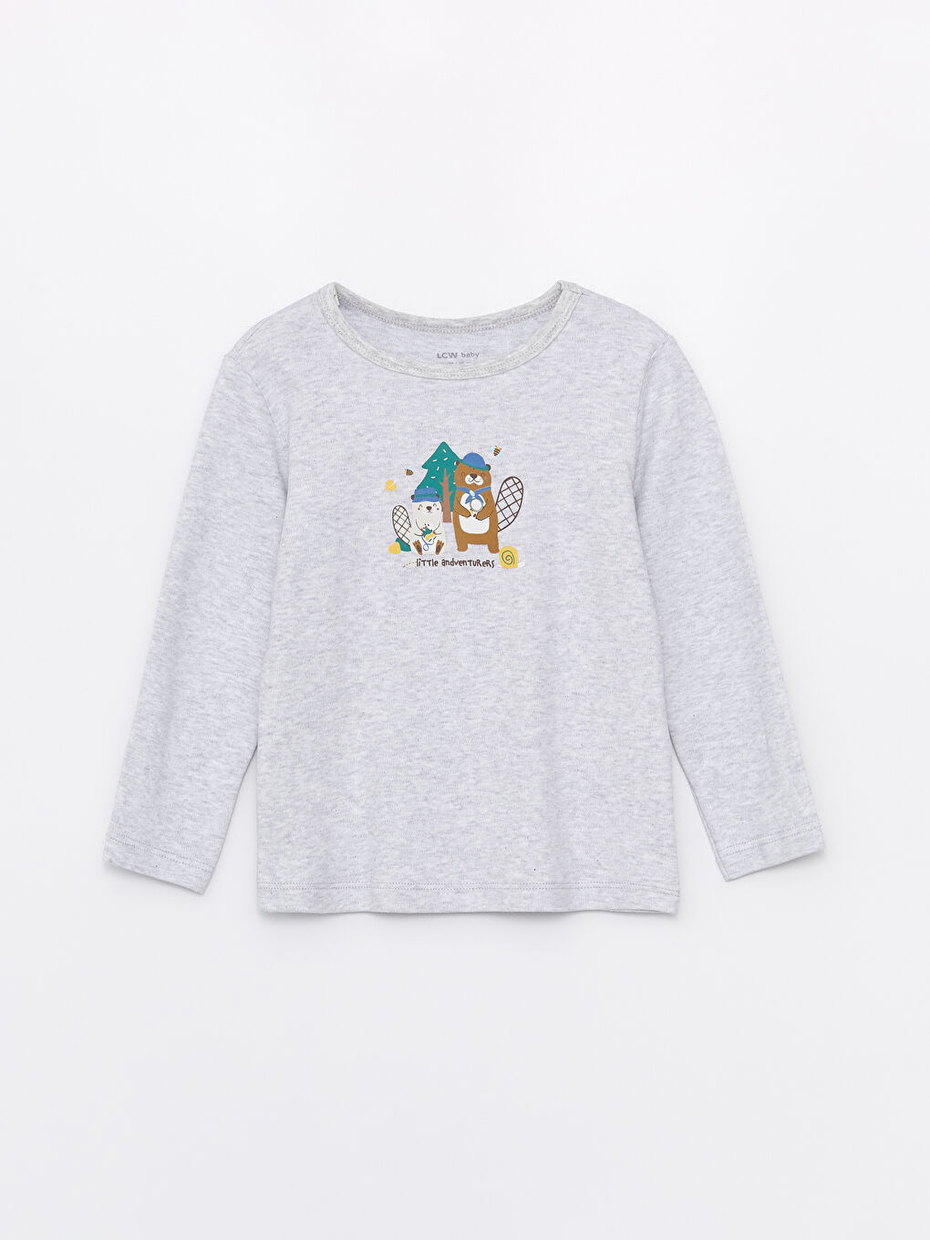 Beyaz Bisiklet Yaka Uzun Kollu Desenli Erkek Bebek Pijama Üst