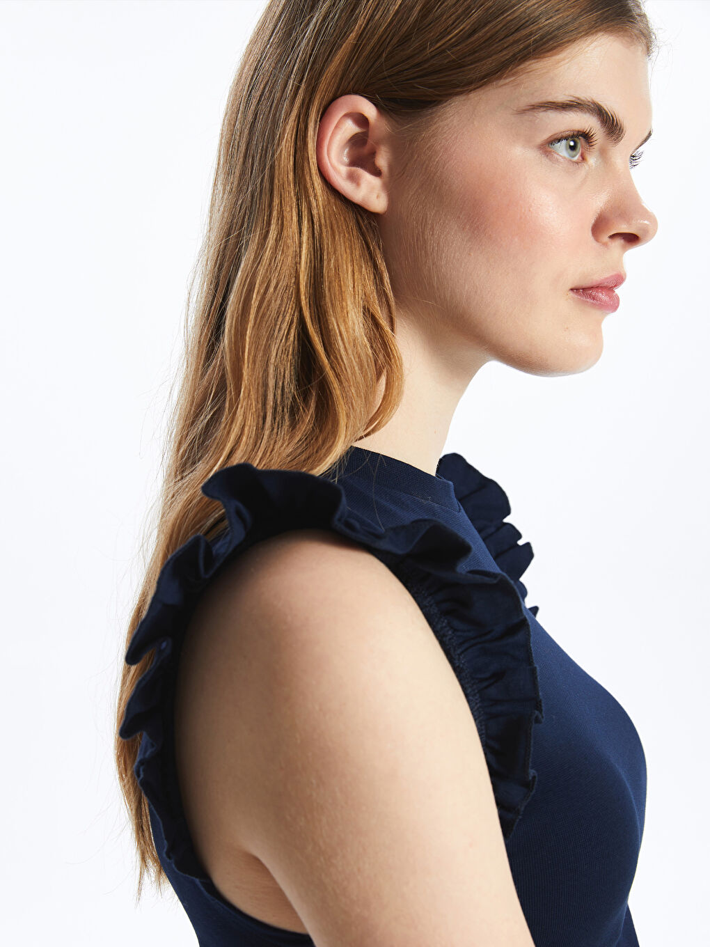 Lacivert Bisiklet Yaka Düz Kısa Kollu Kadın Bluz