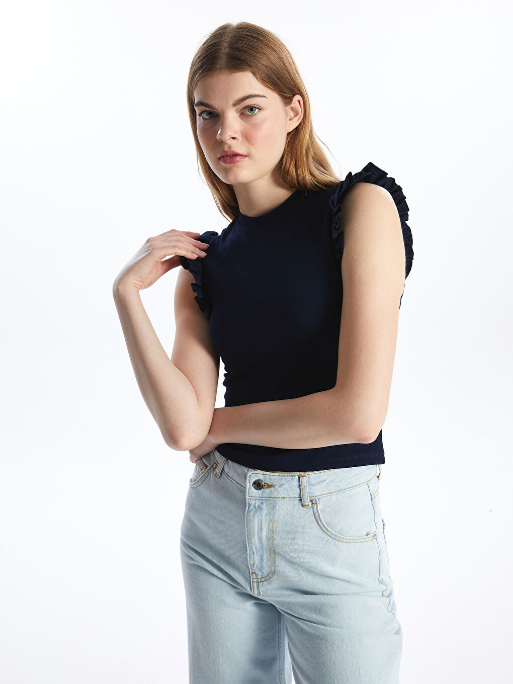 Lacivert Bisiklet Yaka Düz Kısa Kollu Kadın Bluz-1