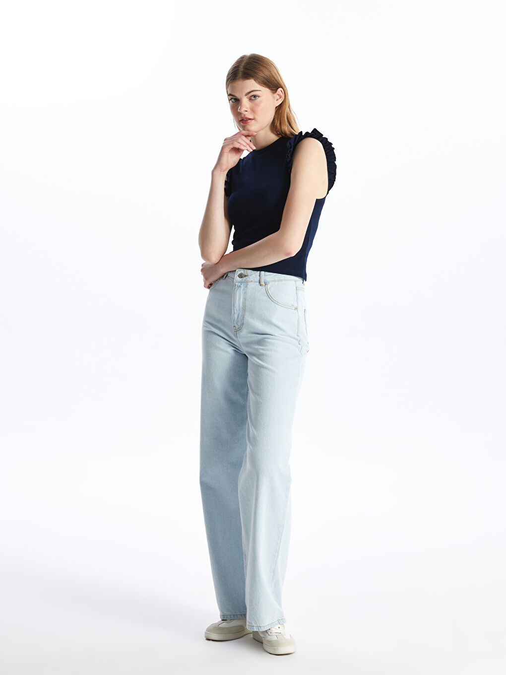 Lacivert Bisiklet Yaka Düz Kısa Kollu Kadın Bluz-2