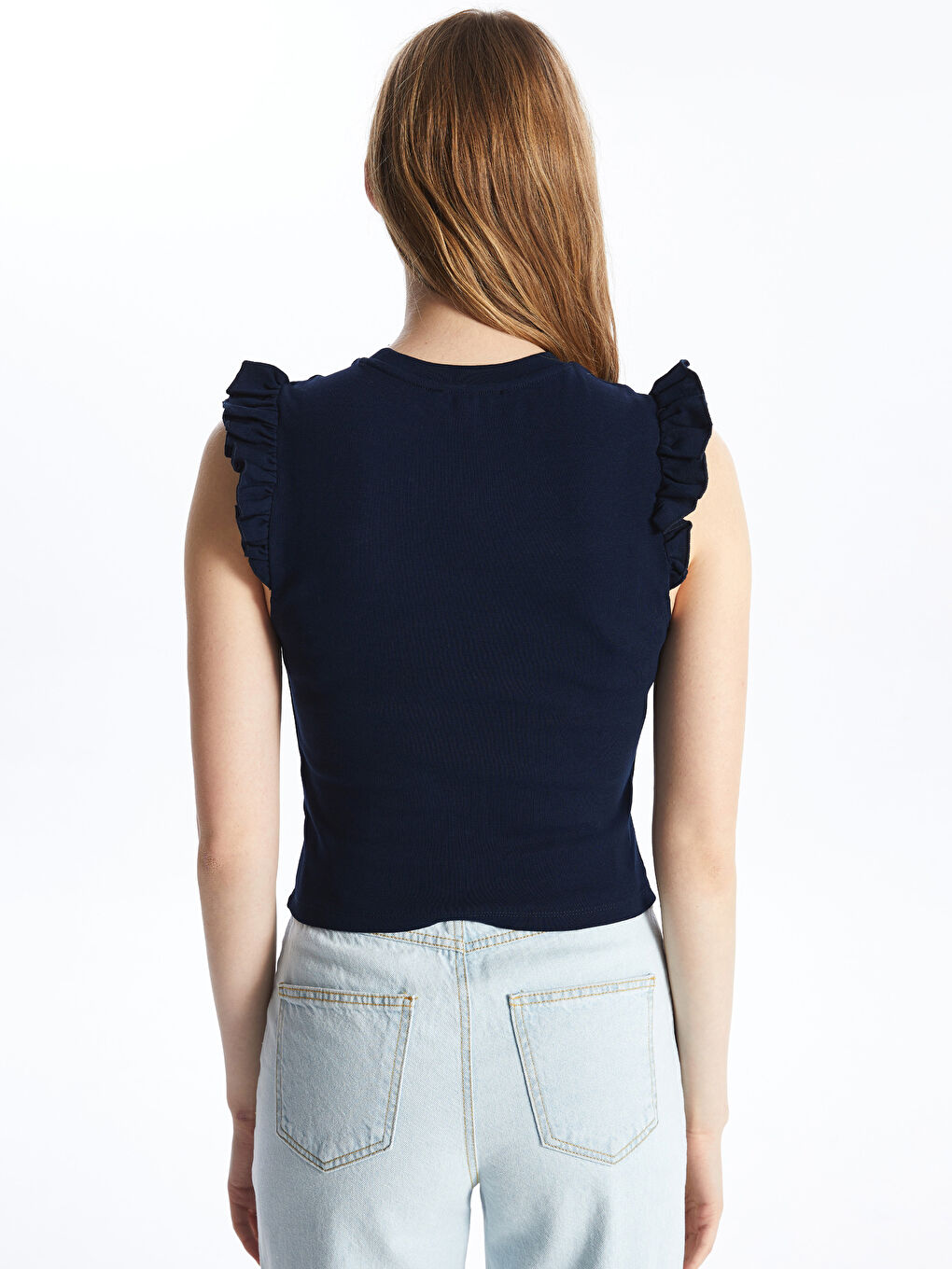 Lacivert Bisiklet Yaka Düz Kısa Kollu Kadın Bluz-4