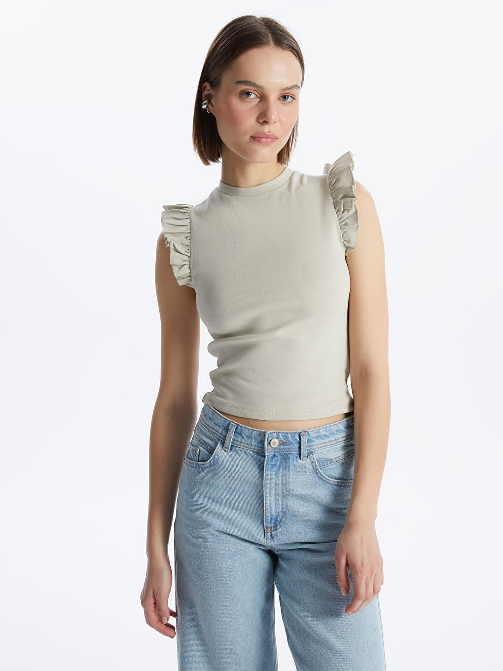 Gri Bisiklet Yaka Düz Kısa Kollu Kadın Bluz