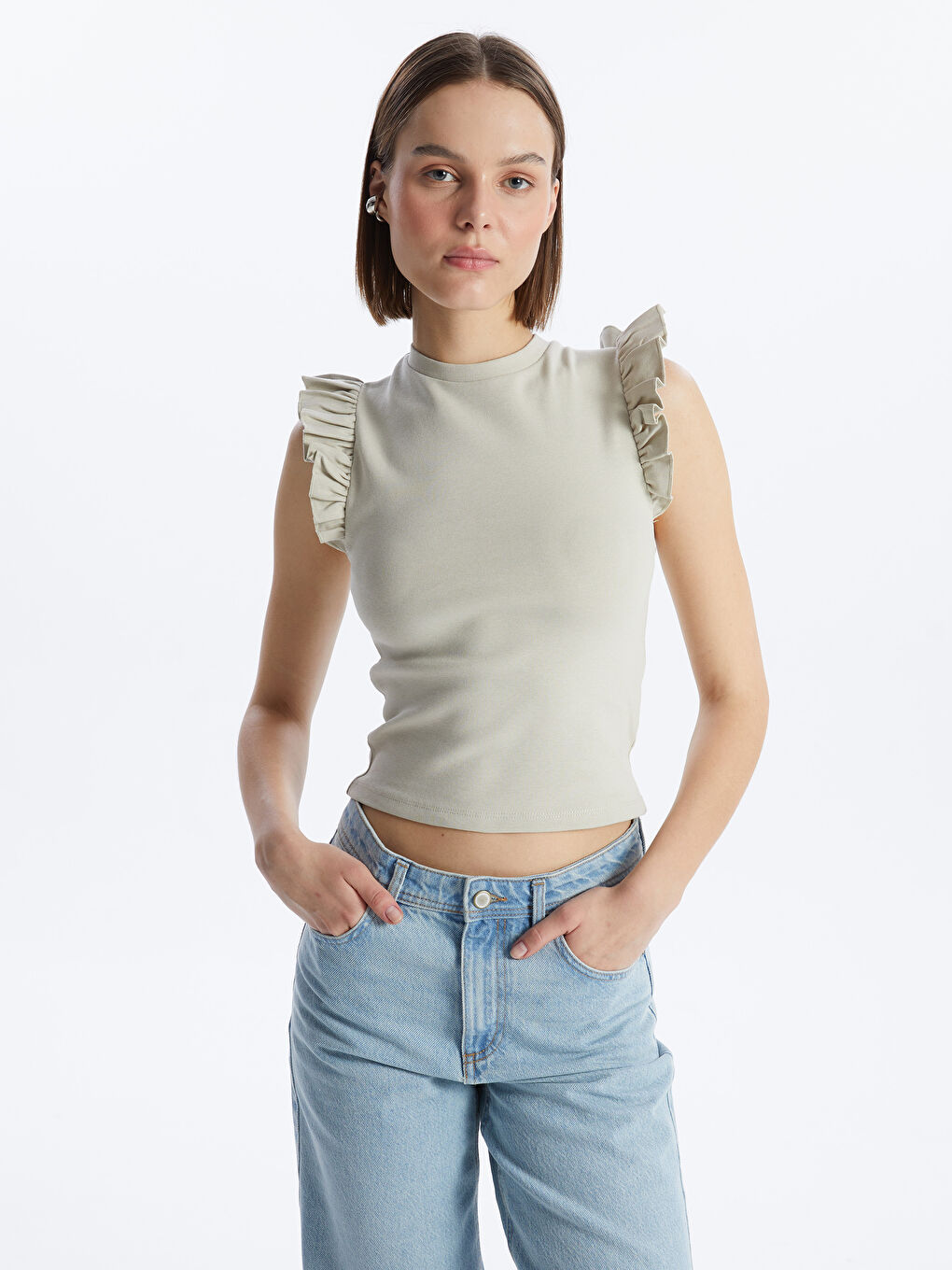 Gri Bisiklet Yaka Düz Kısa Kollu Kadın Bluz-1