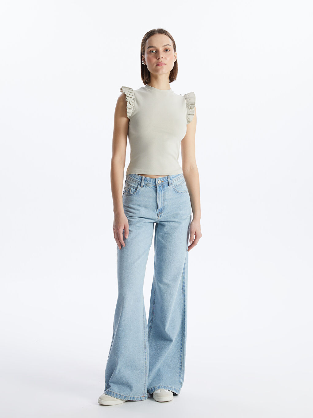 Gri Bisiklet Yaka Düz Kısa Kollu Kadın Bluz-2