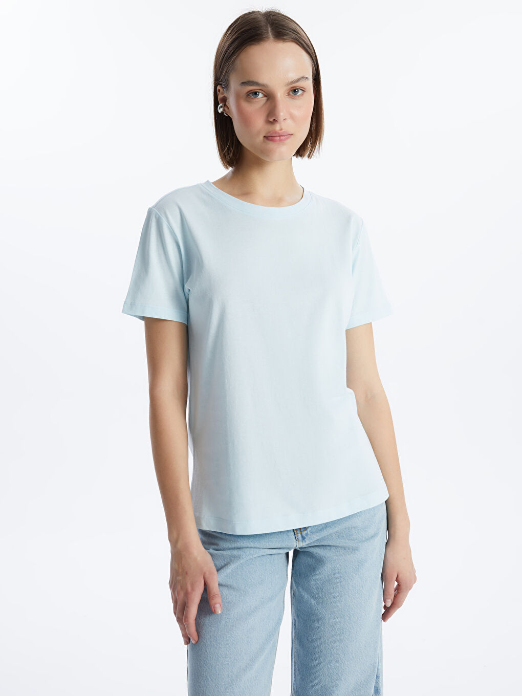 Mavi Bisiklet Yaka Düz Kısa Kollu Kadın Tişört