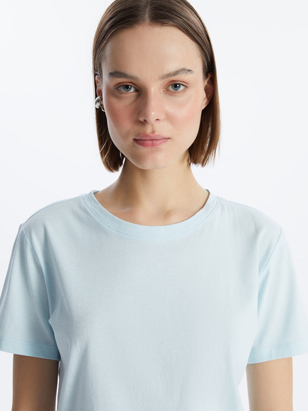 Mavi Bisiklet Yaka Düz Kısa Kollu Kadın Tişört-1