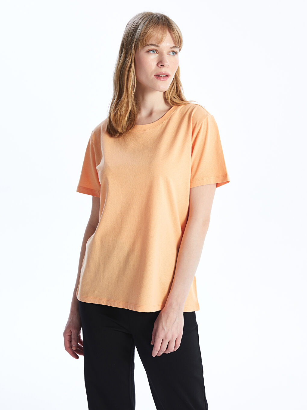 Turuncu Bisiklet Yaka Düz Kısa Kollu Kadın Tişört-1